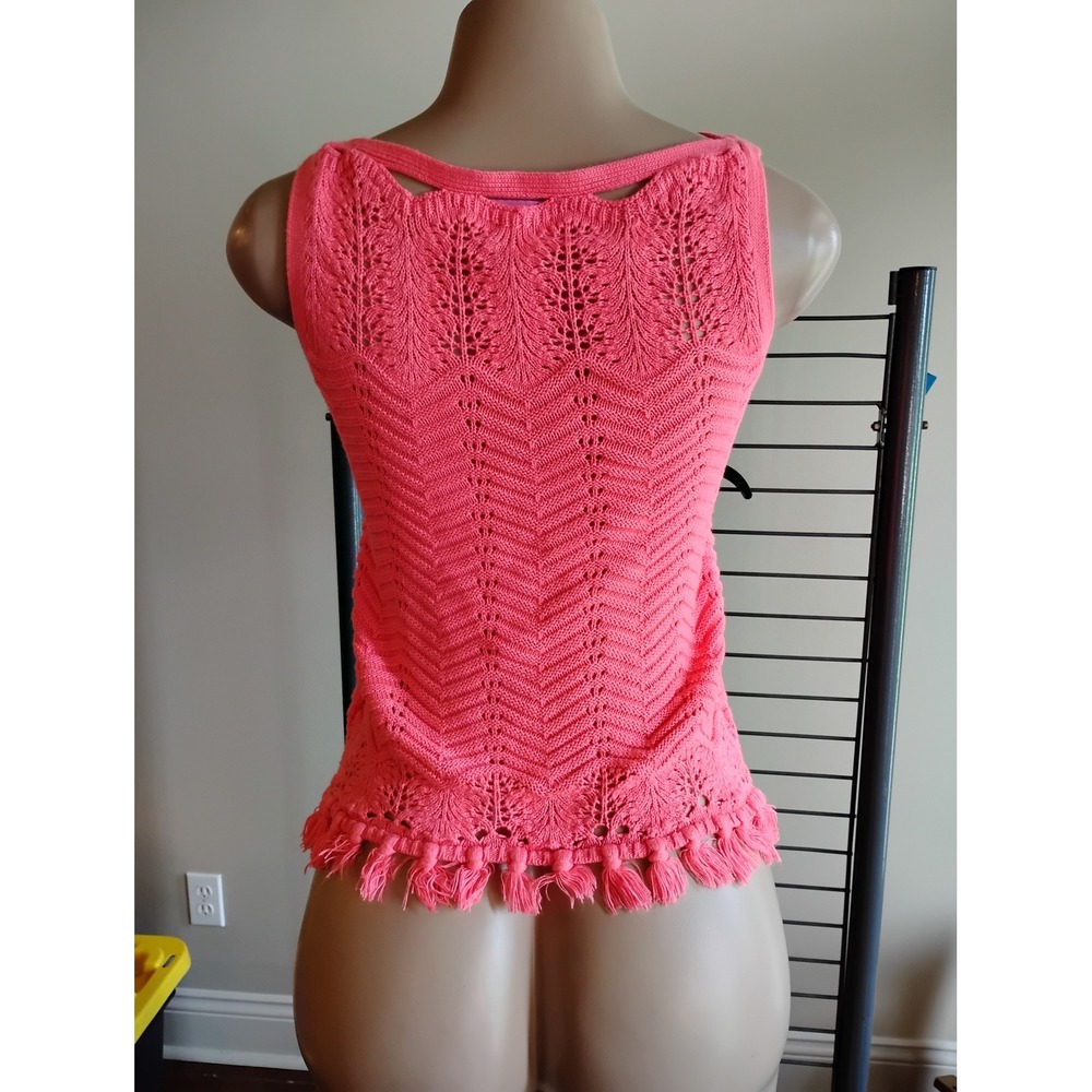 Lilly Pulitzer Womens Coral Pink Pointelle Chevron Knit Tassel Fringe TankTop XS - Picture 2 of 7